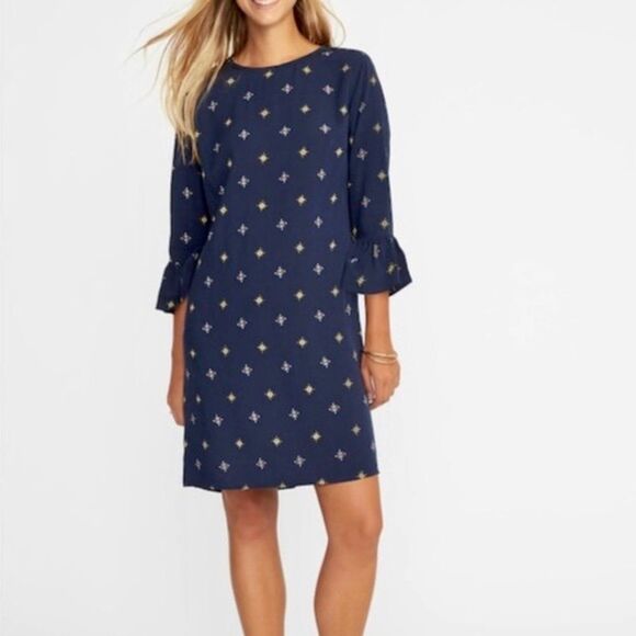 Old Navy Ruffle Bell Sleeve Geo Print Blue Flowy Pullover Shift Dress. XS. - Picture 7 of 8